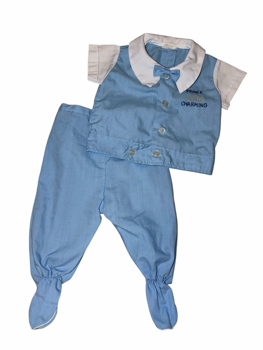 Vintage 1960-70s Baby Boy 2 pc Set Blue White 'Prince Charming' 6-12m Cottage